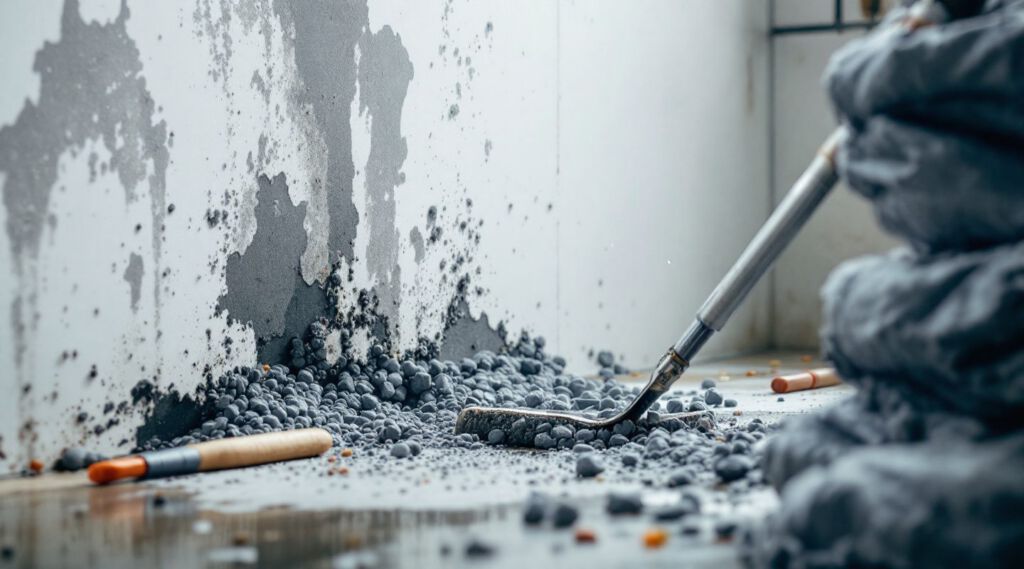 Edge Pro Mold Removal technician in full protective gear inspecting visible mold growth on a residential bathroom wall in Plano, serious and focused.