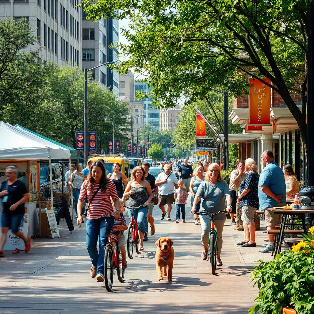 A vibrant street scene in Richardson's CityLine district at dusk, with modern buildings and people enjoying outdoor dining, reflecting the city's blend of commerce and community.