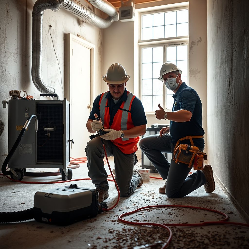 A certified mold remediation technician in full PPE conducting an air quality test inside a Frisco home, using specialized equipment.