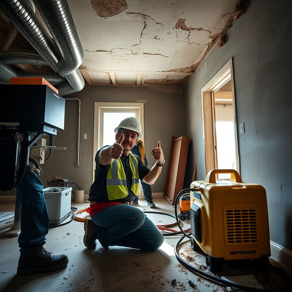 A close-up of a mold remediation technician in Richardson safely removing contaminated drywall, wearing full protective gear.