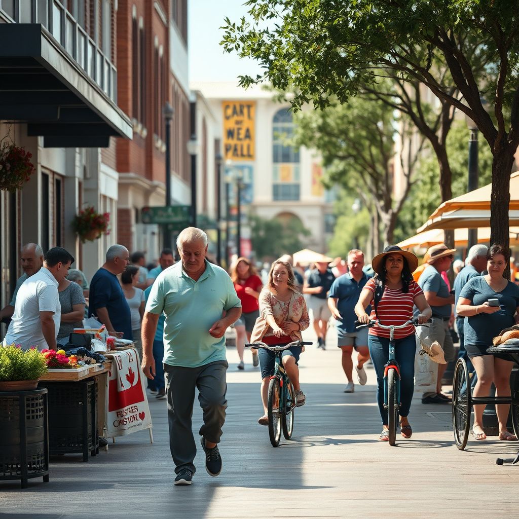 Historic downtown Wylie, Texas, with its classic brick buildings and a vibrant community atmosphere under a clear Texas sky, people walking along the sidewalks.